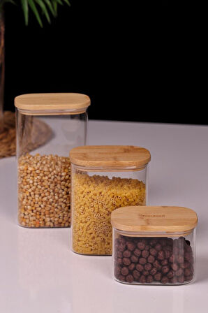 Bambum Multy - Bambu Kapaklı Cam Saklama Kabı 600ml + 1000ml + 1500ml