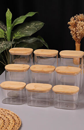 Bambum Multy 9'lu Bambu Kapaklı Cam Saklama Kabı 600ml + 1000ml + 1500ml