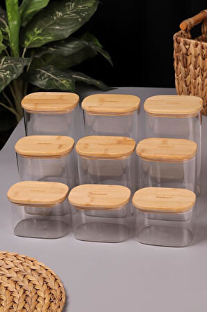 Bambum Multy 9'lu Bambu Kapaklı Cam Saklama Kabı 600ml + 1000ml + 1500ml