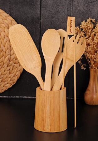 Bambu 6 Parça Mutfak Gereçleri Seti – Kaşıklık Standlı Spatula ve Servis Kaşıkları