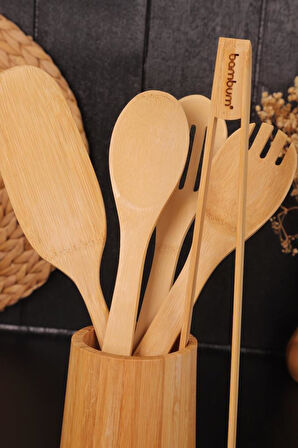 Bambu 6 Parça Mutfak Gereçleri Seti – Kaşıklık Standlı Spatula ve Servis Kaşıkları