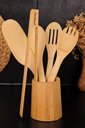 Bambu 6 Parça Mutfak Gereçleri Seti – Kaşıklık Standlı Spatula ve Servis Kaşıkları