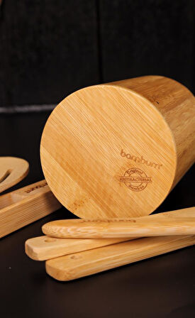 Bambu 6 Parça Mutfak Gereçleri Seti – Kaşıklık Standlı Spatula ve Servis Kaşıkları