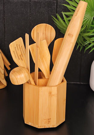 Bambum 8 Parça Mutfak Gereçleri Seti – Kaşıklık Standlı Spatula, Merdane, Kepçe ve Servis Kaşıkları