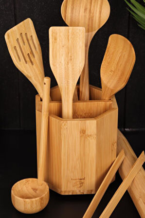 Bambum 8 Parça Mutfak Gereçleri Seti – Kaşıklık Standlı Spatula, Merdane, Kepçe ve Servis Kaşıkları