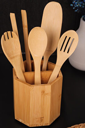 Bambum 6 Parça Mutfak Gereçleri Seti – Çokgen Kaşıklık Standlı Spatula ve Servis Kaşıkları