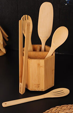 Bambum 6 Parça Mutfak Gereçleri Seti – Çokgen Kaşıklık Standlı Spatula ve Servis Kaşıkları
