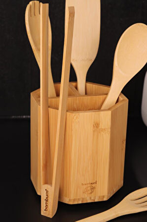 Bambum 6 Parça Mutfak Gereçleri Seti – Çokgen Kaşıklık Standlı Spatula ve Servis Kaşıkları