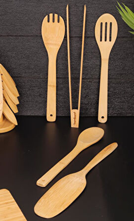 Bambum 5 Parça Bambu Mutfak Gereçleri Seti – Spatula, Servis Kaşığı ve Maşa