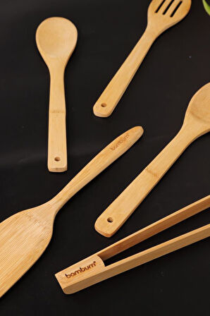Bambum 5 Parça Bambu Mutfak Gereçleri Seti – Spatula, Servis Kaşığı ve Maşa