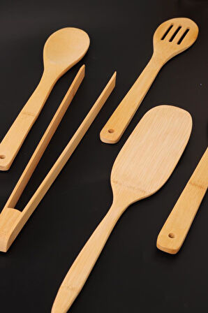 Bambum 5 Parça Bambu Mutfak Gereçleri Seti – Spatula, Servis Kaşığı ve Maşa