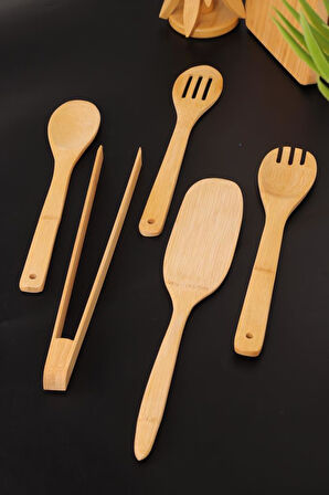Bambum 5 Parça Bambu Mutfak Gereçleri Seti – Spatula, Servis Kaşığı ve Maşa