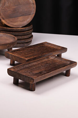 Bambum 9 Parça Pavlonya Shadow Ahşap Sunum Seti – Yuvarlak ve Dikdörtgen Ayaklı Servis Tabakları