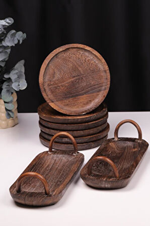 Bambum 8 Parça Pavlonya Obsidian Ahşap Sunum Seti – Yuvarlak ve Dikdörtgen Ayaklı Servis Tabaklar