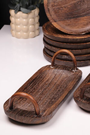 Bambum 8 Parça Pavlonya Obsidian Ahşap Sunum Seti – Yuvarlak ve Dikdörtgen Ayaklı Servis Tabaklar