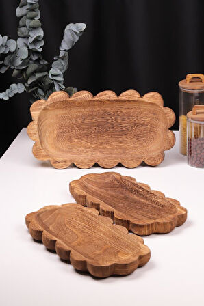 Bambum 3 Parça Pavlonya Noir Dalgalı Kenar Ahşap Sunum Seti – Yuvarlak ve Dikdörtgen Ayaklı Servis Tabaklar