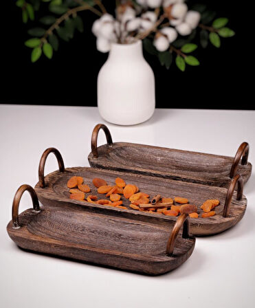 Bambum 3 Parça Pavlonya Deepwood Ahşap Sunum Seti – Kulplu Dikdörtgen Servis Tabakları