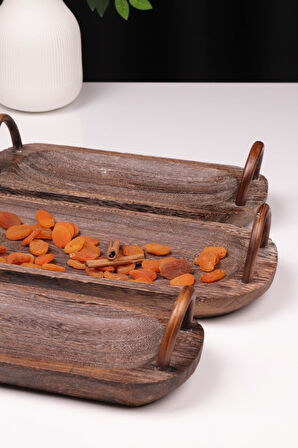 Bambum 3 Parça Pavlonya Deepwood Ahşap Sunum Seti – Kulplu Dikdörtgen Servis Tabakları