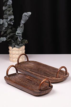 Bambum 2 Parça Pavlonya Darkwood Ahşap Sunum Seti – Kulplu Dikdörtgen Servis Tabakları