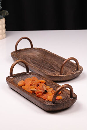 Bambum 2 Parça Pavlonya Darkwood Ahşap Sunum Seti – Kulplu Dikdörtgen Servis Tabakları