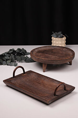 Bambum 2 Parça Pavlonya Elegant Ahşap Sunum ve Servis Seti – Kulplu Dikdörtgen ve Yuvarlak Servis Tabakları