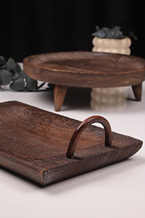 Bambum 2 Parça Pavlonya Elegant Ahşap Sunum ve Servis Seti – Kulplu Dikdörtgen ve Yuvarlak Servis Tabakları