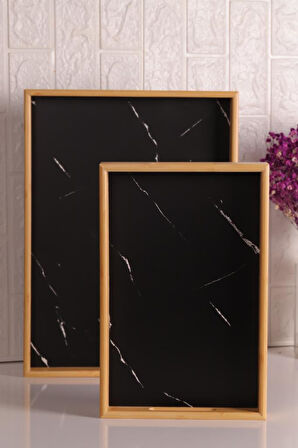 Bambum Marbella - 2`li Mermer Desenli Tepsi Siyah Büyük Küçük