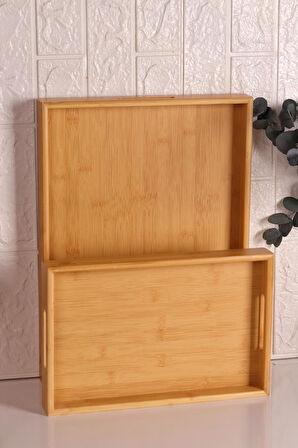 Bambum Marbella - 2`li Bambu Desenli Tepsi Büyük Küçük