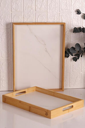 Bambum Marbella - 2`li Mermer Desenli Tepsi Beyaz Büyük Orta