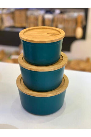 Bambum Slalom 3lü Set - Bambu Kapaklı Granit Saklama Kabı (12-14-16cm)  Mavi
