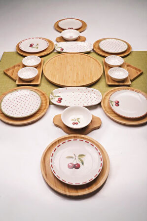 Atbyhome Eden 6 Kişilik 27 Parça Doğal Bambu Porselen Kahvaltı Takımı – Kahvaltı Seti Sunum Seti