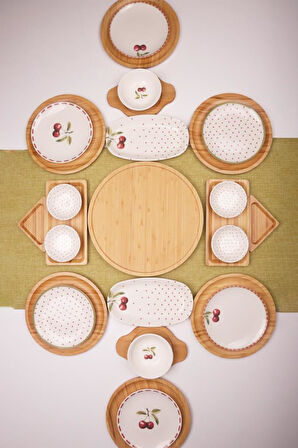 Atbyhome Eden 6 Kişilik 27 Parça Doğal Bambu Porselen Kahvaltı Takımı – Kahvaltı Seti Sunum Seti