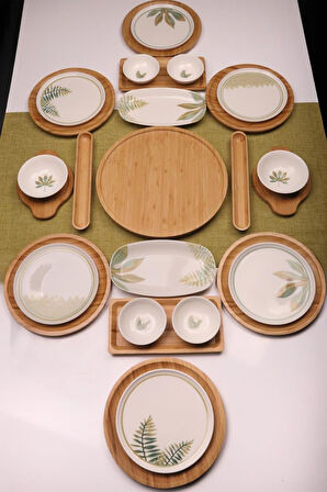 Atbyhome Sage 6 Kişilik 27 Parça Doğal Bambu Porselen Kahvaltı Takımı – Kahvaltı Seti Sunum Seti