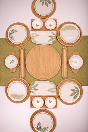 Atbyhome Sage 6 Kişilik 27 Parça Doğal Bambu Porselen Kahvaltı Takımı – Kahvaltı Seti Sunum Seti