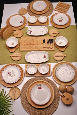 Atbyhome Shine 6 Kişilik 47 Parça Doğal Bambu Porselen Kahvaltı Takımı – Kahvaltı Seti Sunum Seti