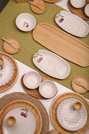 Atbyhome Viva 6 Kişilik 48 Parça Doğal Bambu Porselen Kahvaltı Takımı – Kahvaltı Seti Sunum Seti