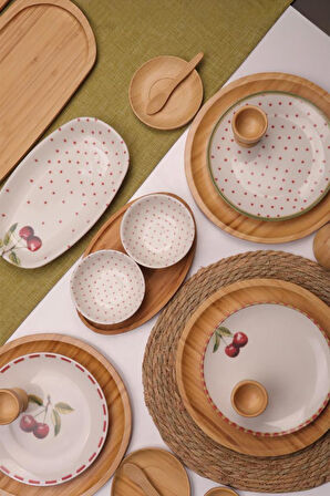 Atbyhome Viva 6 Kişilik 48 Parça Doğal Bambu Porselen Kahvaltı Takımı – Kahvaltı Seti Sunum Seti