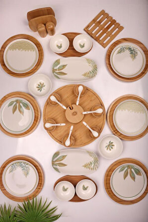 Atbyhome Dawn 6 Kişilik 42 Parça Doğal Bambu Porselen Kahvaltı Takımı – Kahvaltı Seti Sunum Seti