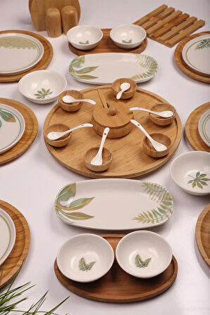 Atbyhome Dawn 6 Kişilik 42 Parça Doğal Bambu Porselen Kahvaltı Takımı – Kahvaltı Seti Sunum Seti