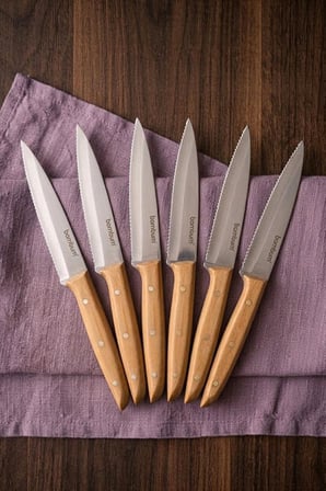 Bambum Gea 6'Lı Bambu Saplı Steak Bıçağı Seti 21.5 Cm - Paslanmaz Çelik Lazer Tırtıklı Et Bıçağı