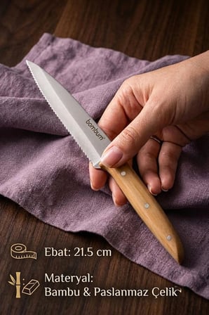 Bambum Gea 6'Lı Bambu Saplı Steak Bıçağı Seti 21.5 Cm - Paslanmaz Çelik Lazer Tırtıklı Et Bıçağı