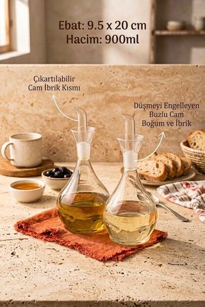 Atbyhome 2'li Borosilikat Cam Yağlık Sirkelik Seti 900 ml - Akıtmayan Cam İbrikli Yağdanlık