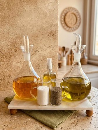 Atbyhome 6 Parça Borosilikat Cam Yağlık Sirkelik Seti 900 ml - Sprey Yağlık Tuzluk Biberlik Ve Mermer Stantlı Mutfak Seti