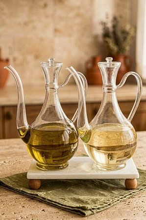 Mermer Stantlı 2'li Borosilikat Cam Yağlık Sirkelik Seti 750 ml - Akıtmayan Kulplu Cam İbrik Yağdanlık