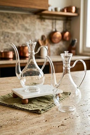 Mermer Stantlı 2'li Borosilikat Cam Yağlık Sirkelik Seti 750 ml - Akıtmayan Kulplu Cam İbrik Yağdanlık