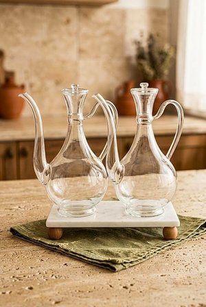 Mermer Stantlı 2'li Borosilikat Cam Yağlık Sirkelik Seti 750 ml - Akıtmayan Kulplu Cam İbrik Yağdanlık