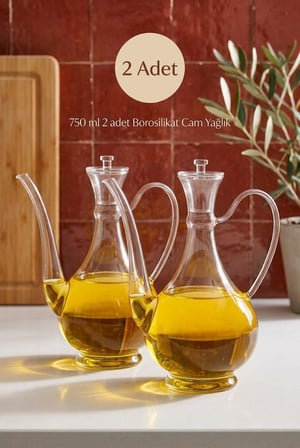2'li Borosilikat Cam İbrik Yağlık Sirkelik Seti 750 ml - Damlatmaz Yağdanlık