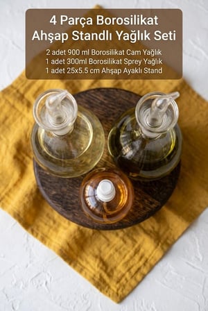4 Parça Ayaklı Ahşap Standlı Spreyli Borosilikat Cam Yağlık Sirkelik Seti