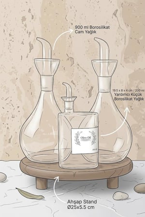 4 Parça Ayaklı Ahşap Standlı Borosilikat Cam Yağlık Sirkelik Seti - 2 Adet 900 ml Karaf Ve 200 ml Yassı Şişe