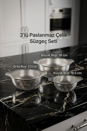 3'lü Paslanmaz Çelik Süzgeç Seti 18,5-23-26 cm - Kulplu Metal Makarna Pirinç Ve Sebze Yıkama Süzgeci